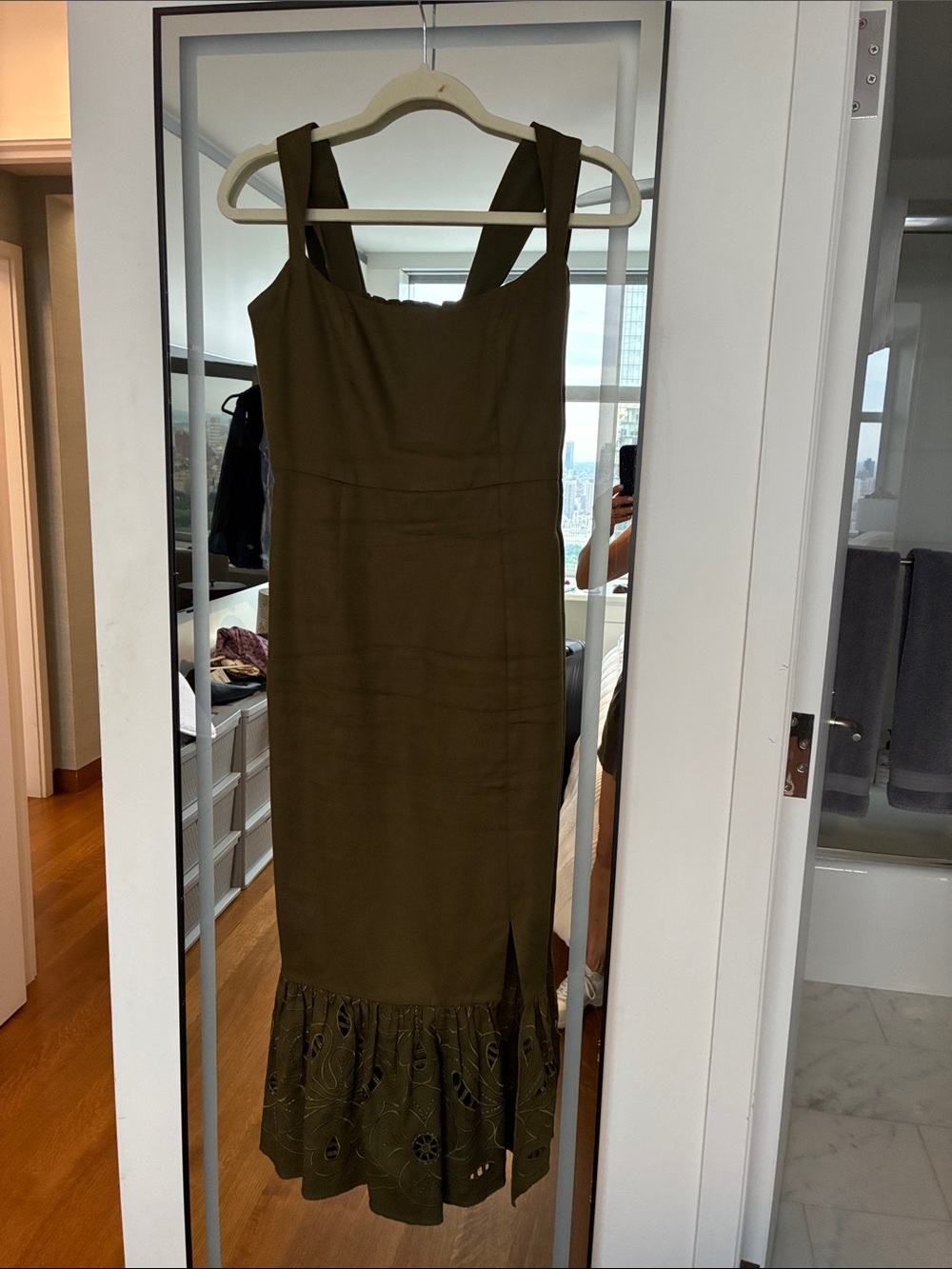 Sachin + Babi Olive Green Sleeveless Midi Dress with Embroidered Ruffle